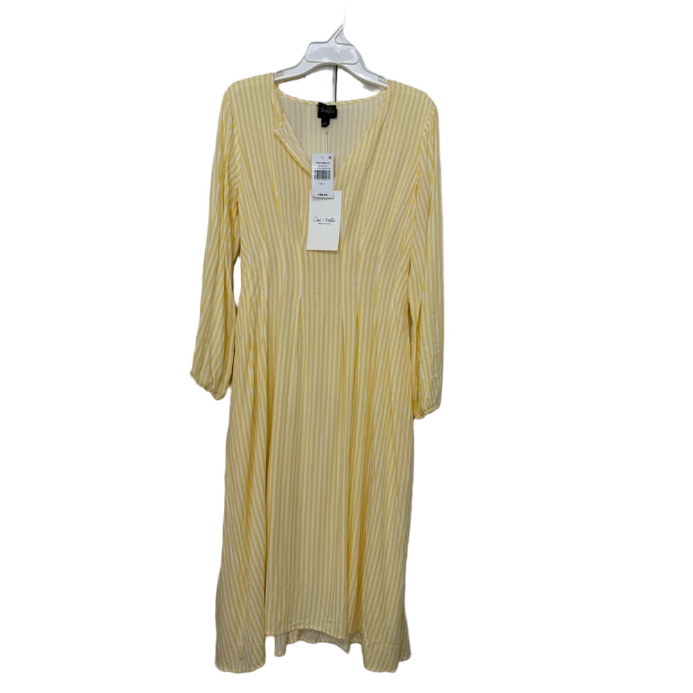 Oak & Trellis Lemon Yellow & Cream Striped Long Sleeve V-neck Midi Dress NWT
